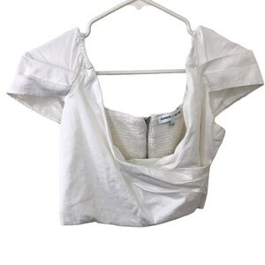 Express x Rocky Barnes white smock back ruffle shoulder crop top size S